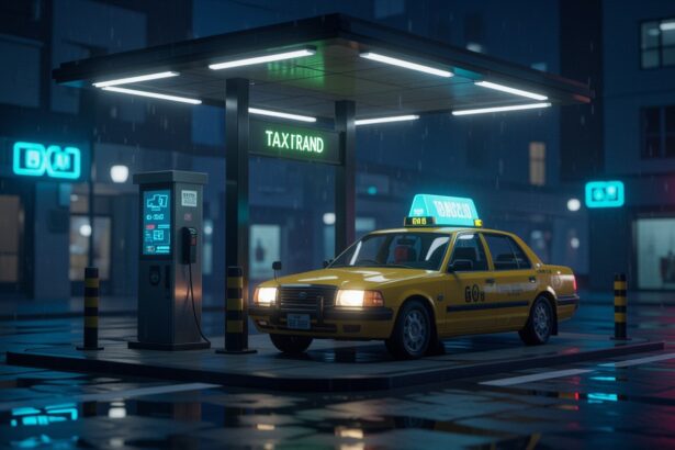 Egy esős éjszakán taxi várakozik a taxiállomáson, ami a városi élet dinamizmusát szimbolizálja.