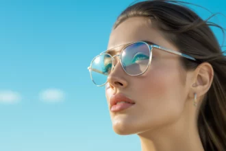 Egy fiatal nő napszemüvegben, az ég kék háttér előtt, álmodozó tekintettel.