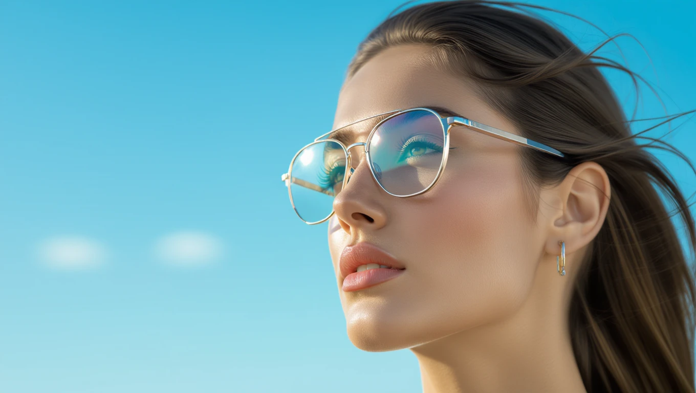 Tisztánlátó emberrel álmodni – jelentések és értelmezések Egy fiatal nő napszemüvegben, az ég kék háttér előtt, álmodozó tekintettel.
