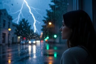 A városi zivatar alatt egy nő az ablaknál állva nézi a villámokat, ami a belső feszültséget és a megoldatlan érzéseket szimbolizálja.