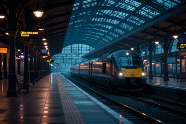 A vasútállomás csendes pillanata, ahol a vonat érkezése új utakat nyit meg az utazók számára.
