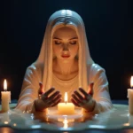 A viaszfigura meditáló női alakja gyertyák fényében, amely az álmok és a belső világ felfedezését szimbolizálja.