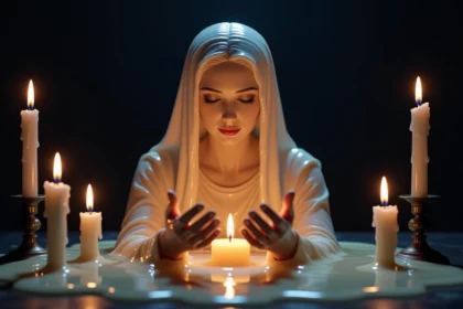 A viaszfigura meditáló női alakja gyertyák fényében, amely az álmok és a belső világ felfedezését szimbolizálja.