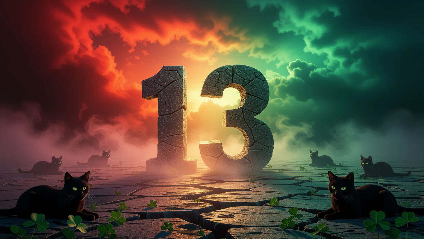 Mit jelent 13-as számról álmodni? A 13-as szám, fekete macskákkal és zöld lóherével körülvéve, misztikus háttér előtt.