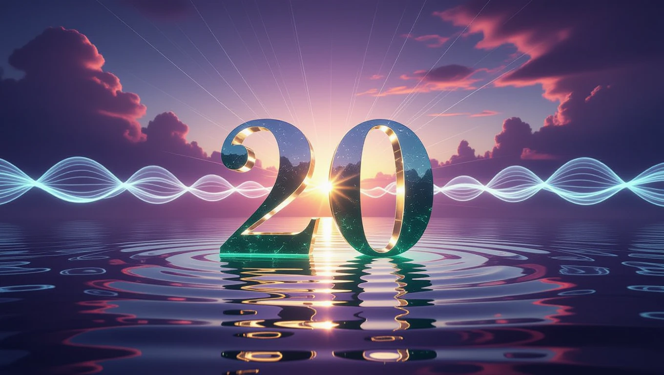 A vízben tükröződő, csillagokkal díszített 20-as szám, naplementével a háttérben.