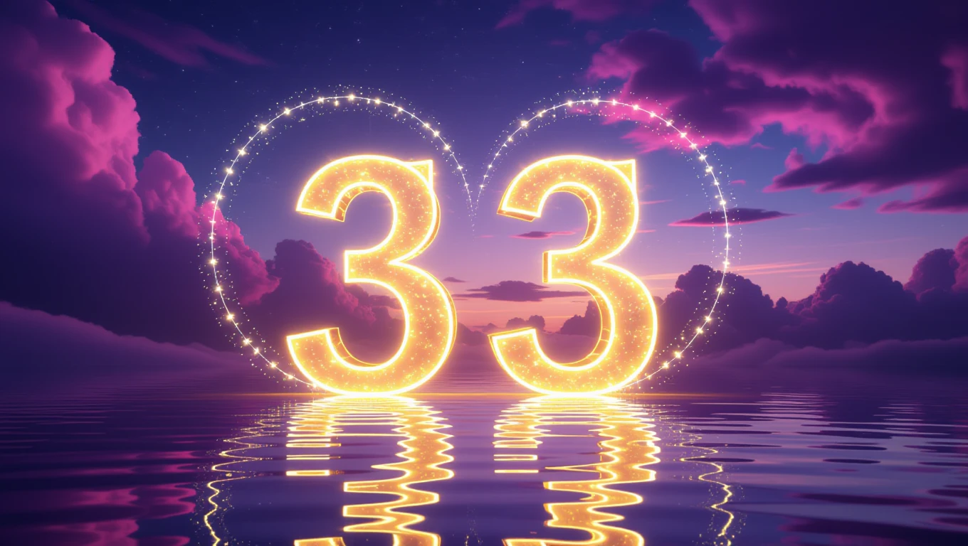 A víz tükrén csillogó, fénylő 33-as szám, színes felhők között.