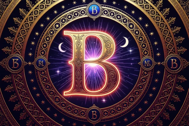A B betű díszes, arany színű megjelenítése csillagokkal és holdakkal körülvéve.