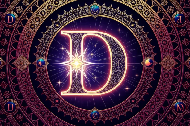 A 'D' betű díszes, csillagokkal és szimbólumokkal körülvéve, álomfejtéshez kapcsolódóan.