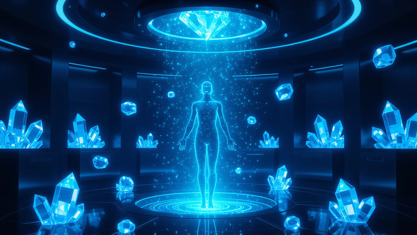 Mit jelent detoxról álmodni? - Részletes álomfejtés és értelmezés Egy fénylő, kék kristályokkal körülvett emberi alak, aki a tisztulás szimbóluma.