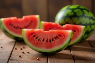 Friss dinnye szeletek egy fából készült asztalon, színes és ízletes megjelenésben.