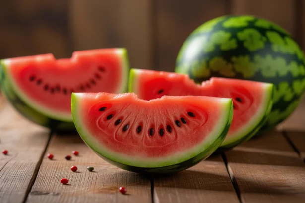 Friss dinnye szeletek egy fából készült asztalon, színes és ízletes megjelenésben.