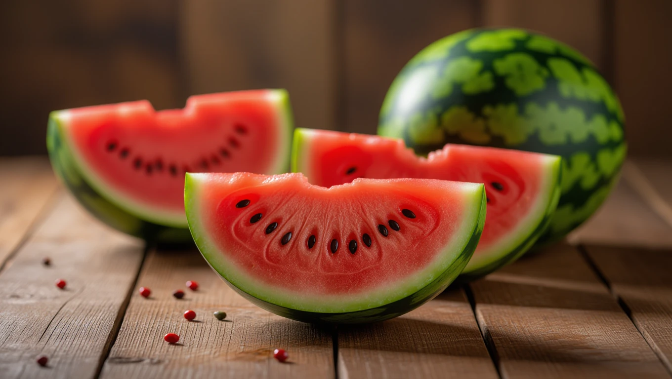 Mit jelent dinnyével álmodni? – Részletes álomfejtés és értelmezés Friss dinnye szeletek egy fából készült asztalon, színes és ízletes megjelenésben.