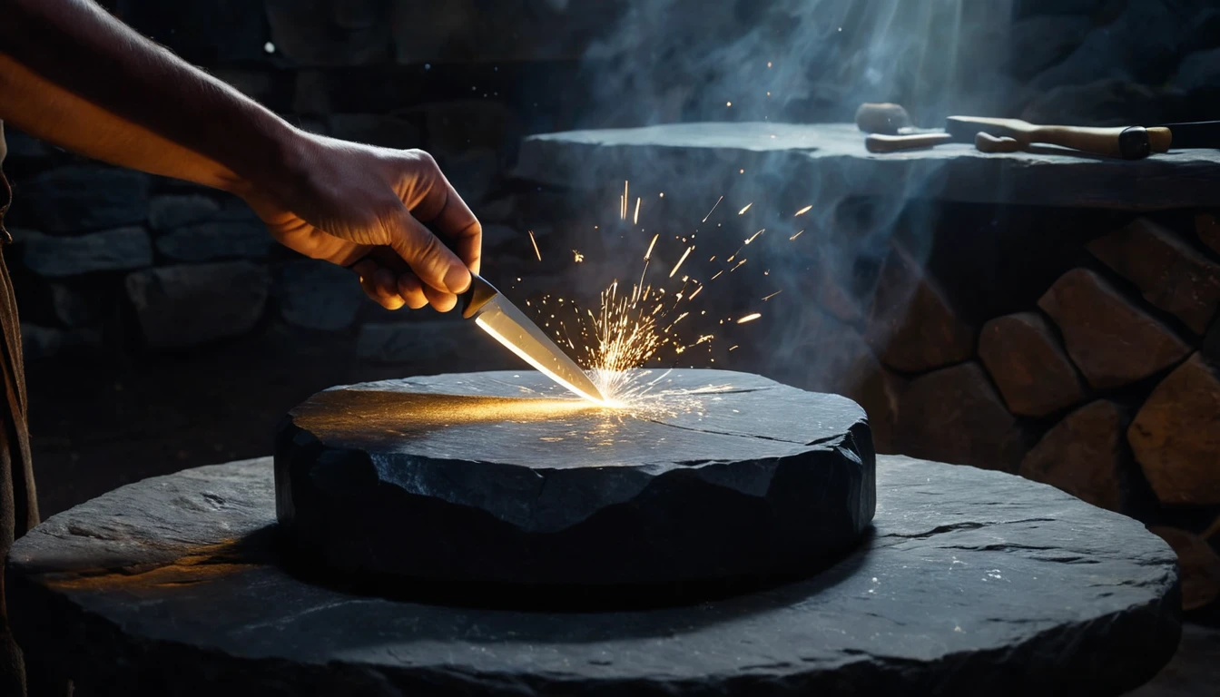 Mit jelent fenéssel álmodni? - Álomfejtés és értelmezés Egy kéz egy pengét tart, amely sziklán csiszolódik, szikrák repkednek.