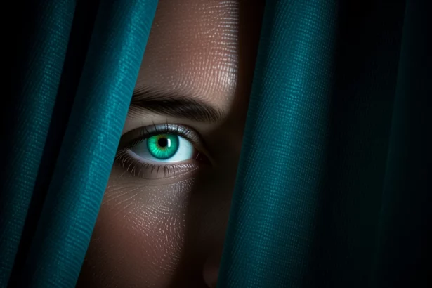 Egy zöld szem néz ki egy sötét függöny mögül, titokzatos hangulatot árasztva.