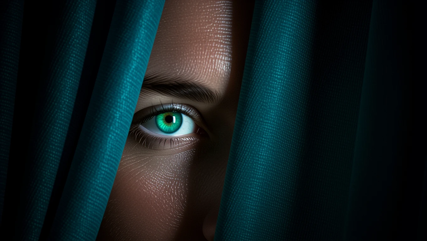 Mit jelent figyeléssel álmodni? – Részletes álomfejtés és értelmezés Egy zöld szem néz ki egy sötét függöny mögül, titokzatos hangulatot árasztva.