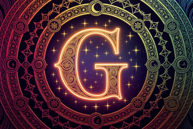 Egy díszes mandala háttér előtt álló, aranyszínű 'G' betű, csillagokkal körülvéve.