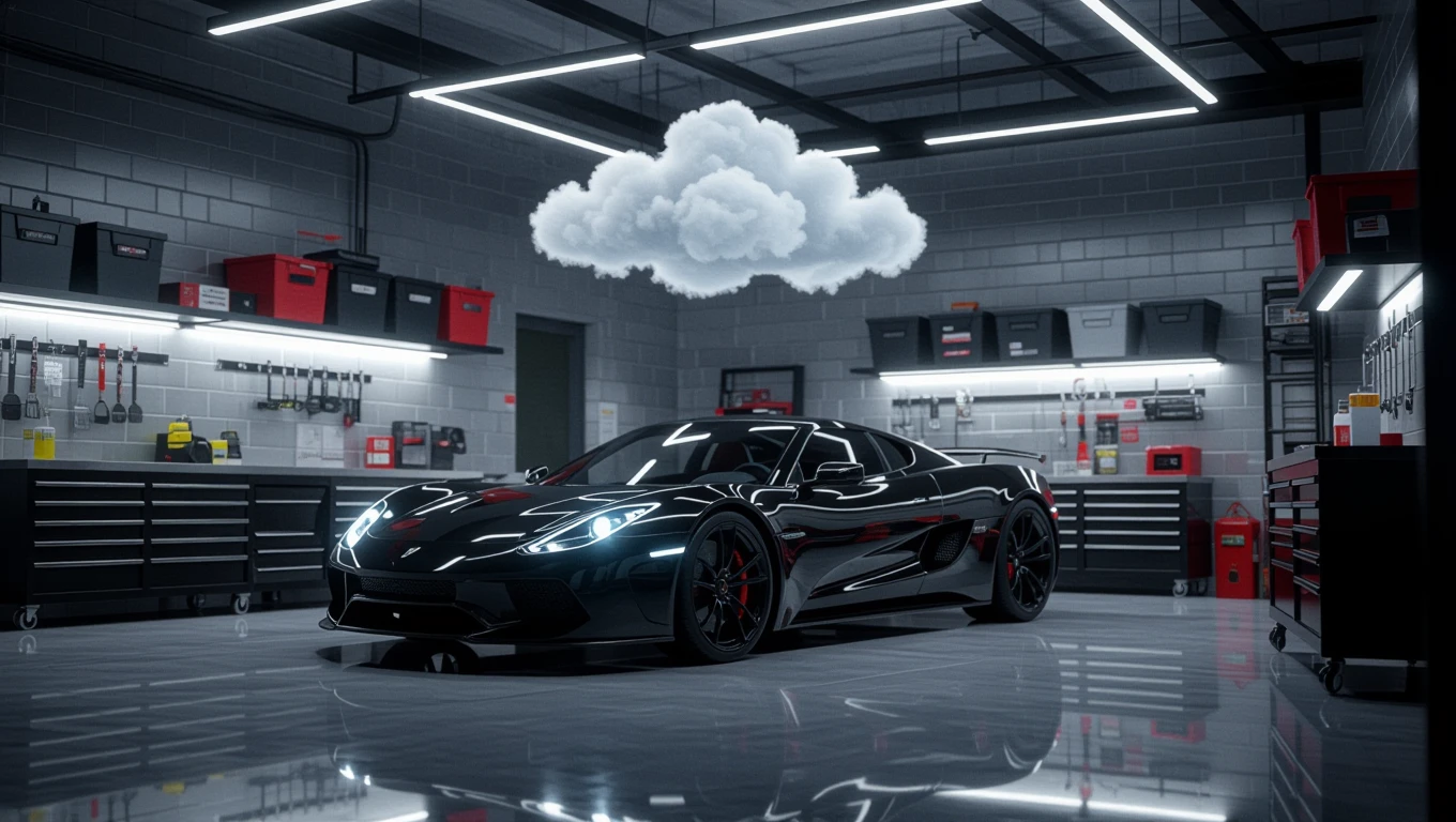 Mit jelent garázzsal álmodni? – Részletes álomfejtés és értelmezés Egy modern garázs belső tere, fekete sportautóval és szerszámokkal.