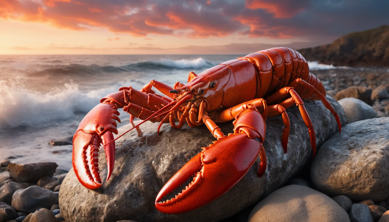 Egy élénkpiros homár ül egy nagy sziklán a tengerparton, háttérben hullámokkal.