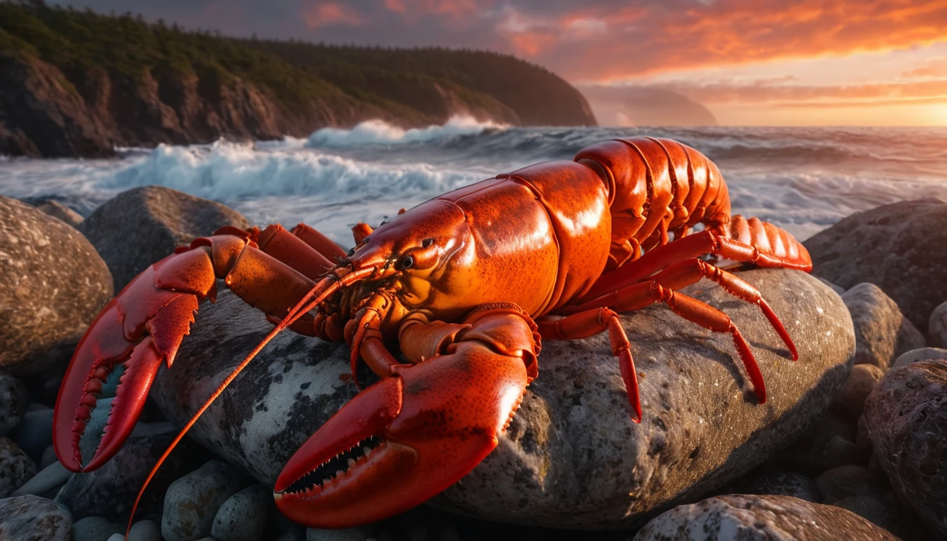 Egy élénk narancssárga homár ül egy sziklás parton, háttérben tenger és naplemente.