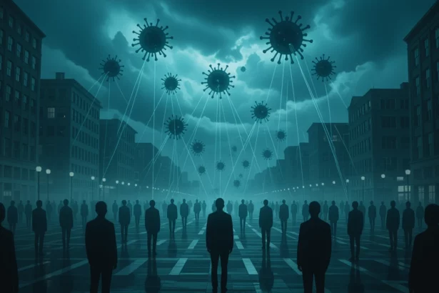 Sötét városi táj, emberek állnak a járvány szimbólumai alatt.