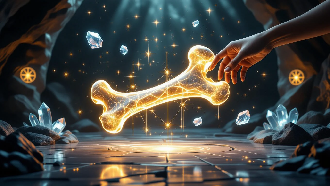 Mit jelent javításról álmodni? – Részletes álomfejtés és értelmezés Egy kéz egy fénylő csontot érint meg, körülötte csillagok és kristályok.