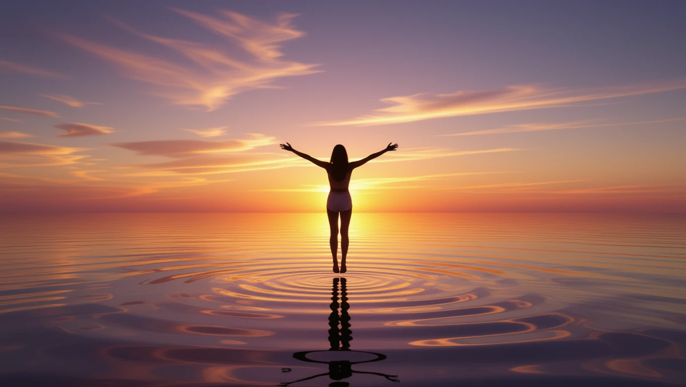 Mit jelent lebegésről álmodni? – Részletes álomfejtés és értelmezés Egy nő lebeg a víz felett naplementében, széttárt karokkal.