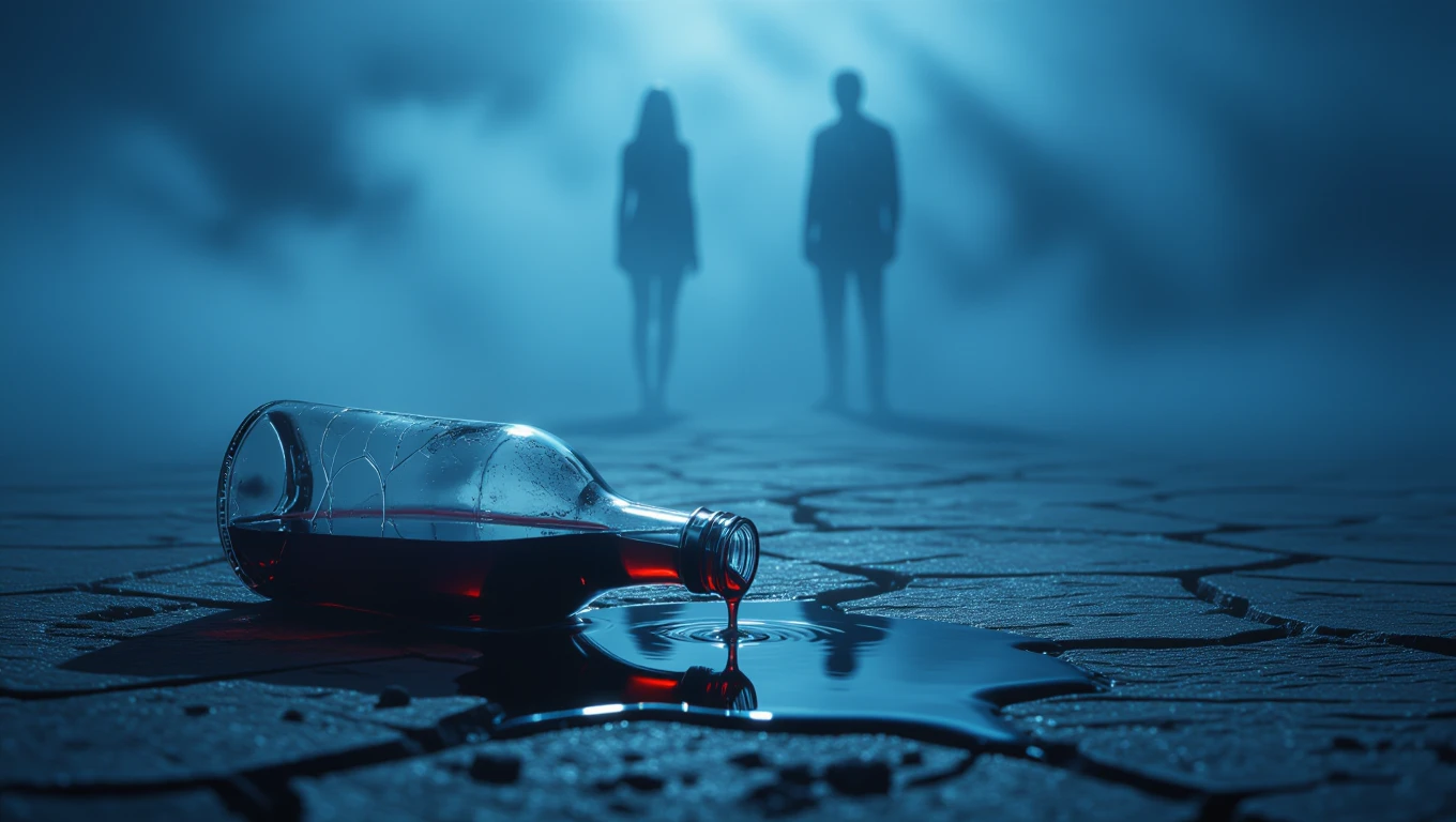 Egy üres palack, vörös folyadékkal, a földön, háttérben két sziluett.