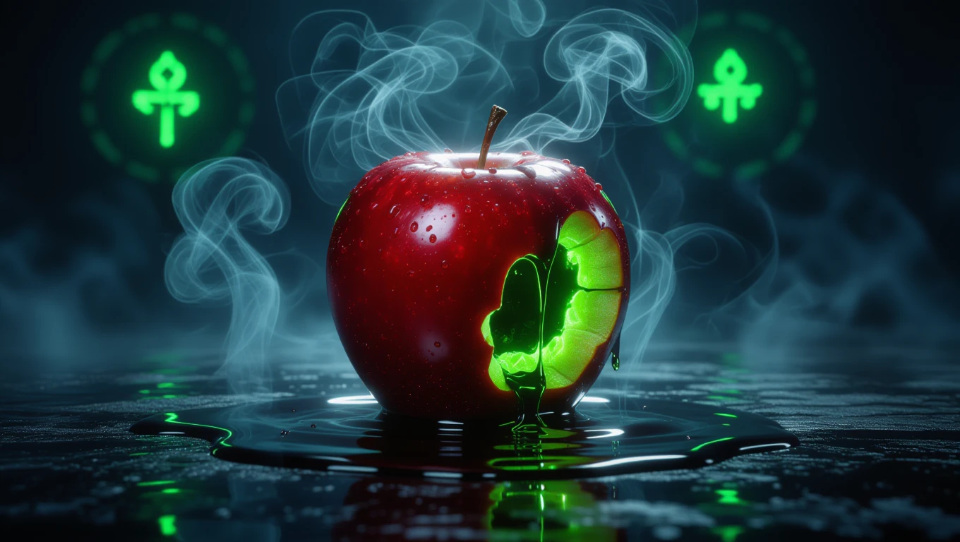 Egy fényes, piros alma, amelyből zöld méreg csöpög, füst kíséretében.