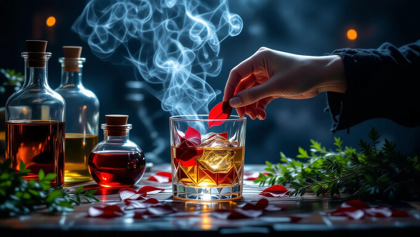 Egy pohárban méreggel kevert ital, rózsaszín szirmokkal díszítve, füstölő hatás.