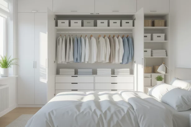 Rendezett hálószoba, fehér ruhák és törölközők a szekrényben, harmónikus környezet.