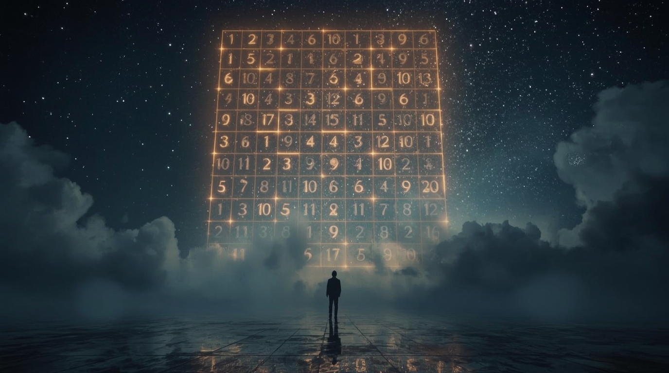 Egy hatalmas, világító sudoku tábla áll a csillagos ég alatt, mellette egy alak.