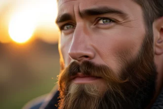 Egy férfi közelről, dús szakállal és kifejező arccal, naplementében.