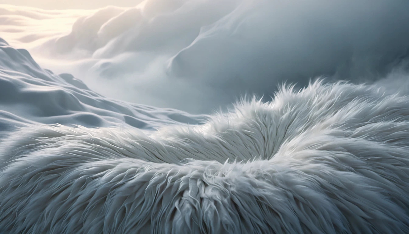 Fehér, puha szőrme egy havas tájban, álomszerű környezetben.