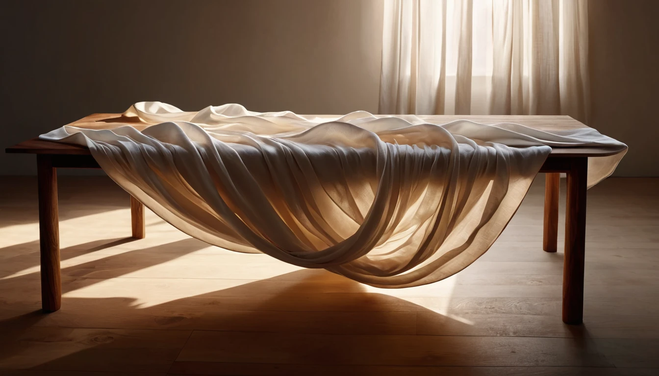 Mit jelent szövetről álmodni? - Álomfejtés és értelmezés Egy asztalon elhelyezett, lágyan hullámzó fehér szövet, amely a fényben játszik.