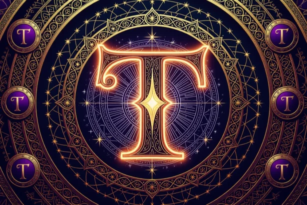Egy díszes, arany színű 'T' betű, mágikus motívumokkal körülvéve.
