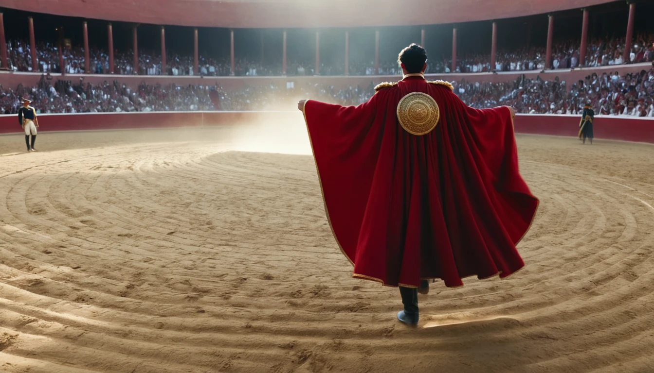 Mit jelent torreádorról álmodni? - Álomfejtés és értelmezés Egy torreádor piros köpenyben, arénában, nézők előtt, bátorságot szimbolizálva.