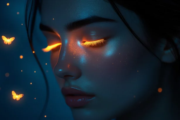 Egy nő arca, csukott szemmel, fények és pillangók körülötte, álomszerű hangulatban.