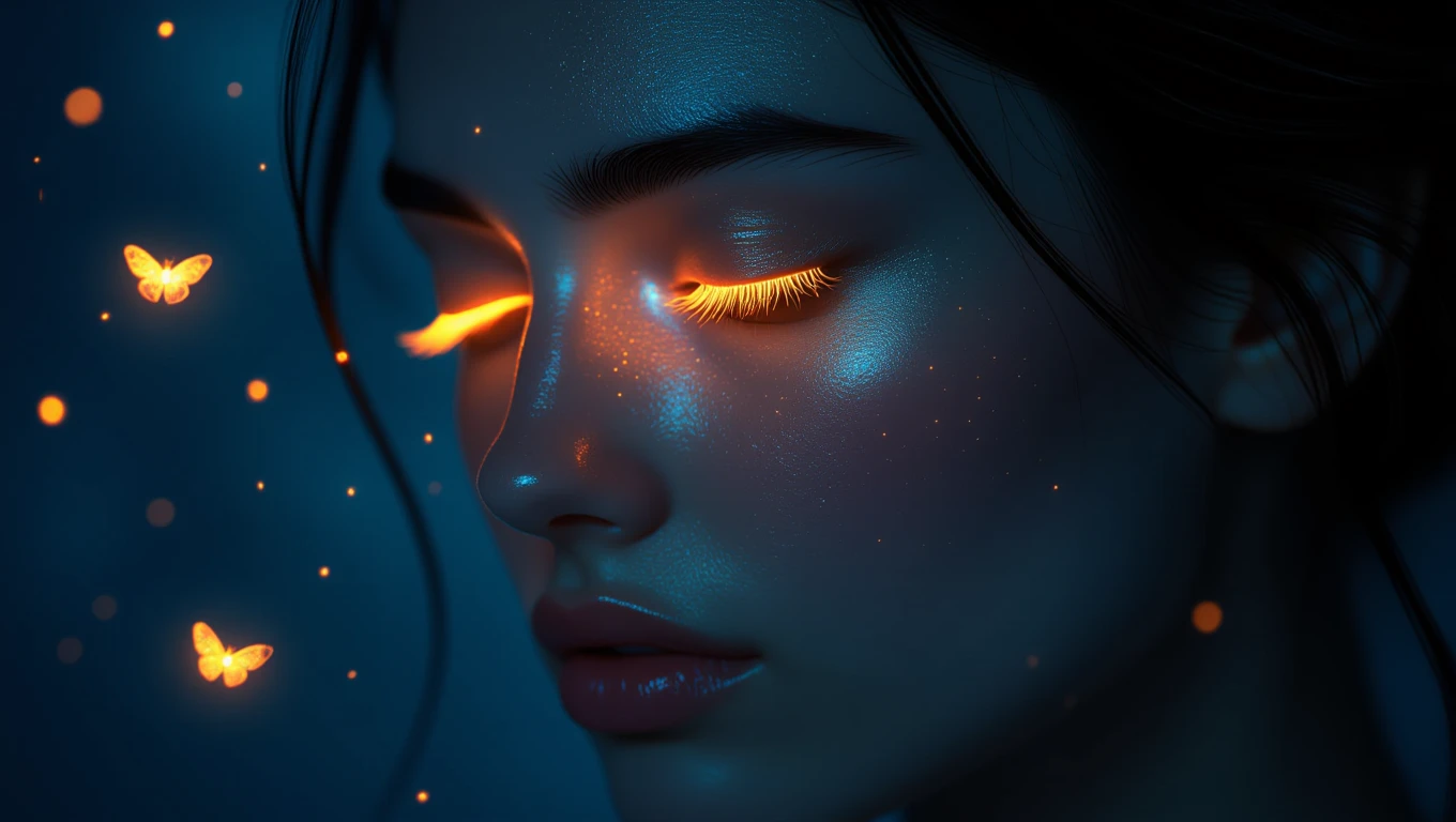 Mit jelent vaksággal álmodni? – Részletes álomfejtés és értelmezés Egy nő arca, csukott szemmel, fények és pillangók körülötte, álomszerű hangulatban.