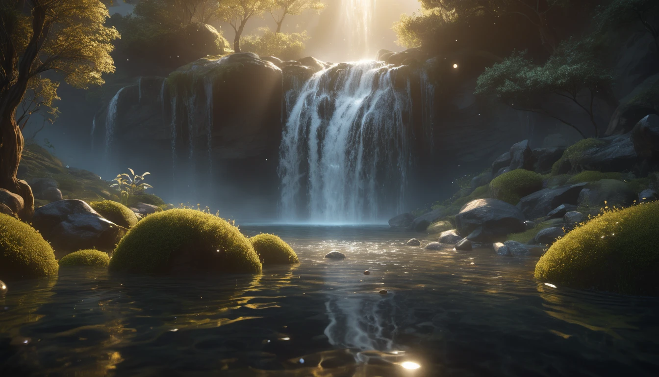 Vizelésről álmodni – jelentések és értelmezések Egy gyönyörű vízesés, amely a napfényben csillogó vízbe ömlik, zöld növényekkel körülvéve.