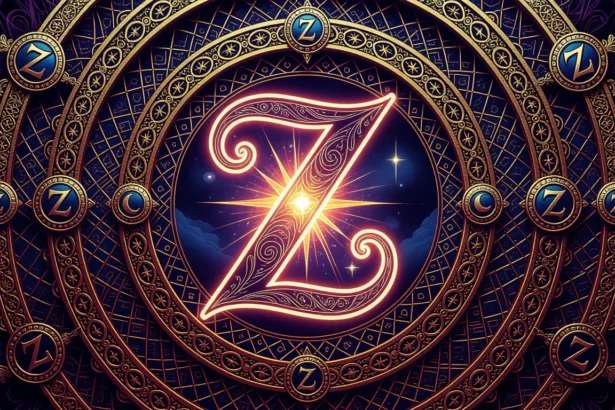 Egy díszes Z betű, csillagokkal és arany díszítéssel, álomfejtéshez kapcsolódóan.