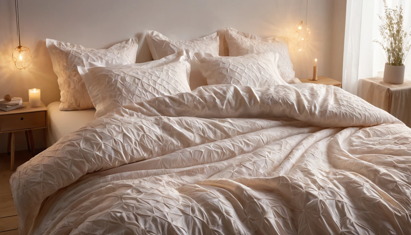 Mit jelent ágynemű huzatról álmodni? - Álomfejtés és értelmezés Egy puha, világos ágynemű huzat és párnák egy kényelmes ágyon, meleg fényekkel.