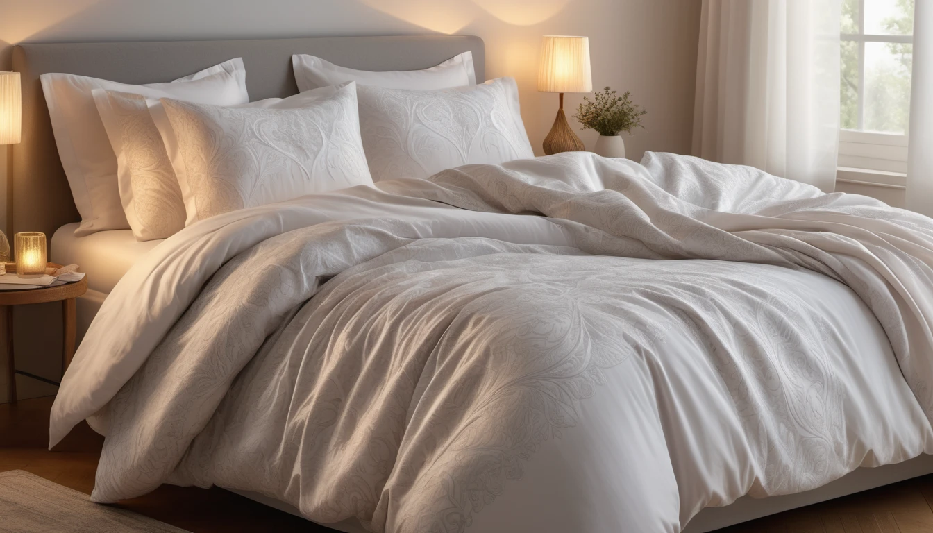 Mit jelent ágynemű huzatról álmodni? - Álomfejtés és értelmezés Egy kényelmes, fehér ágynemű huzat díszes párnákkal egy modern hálószobában.