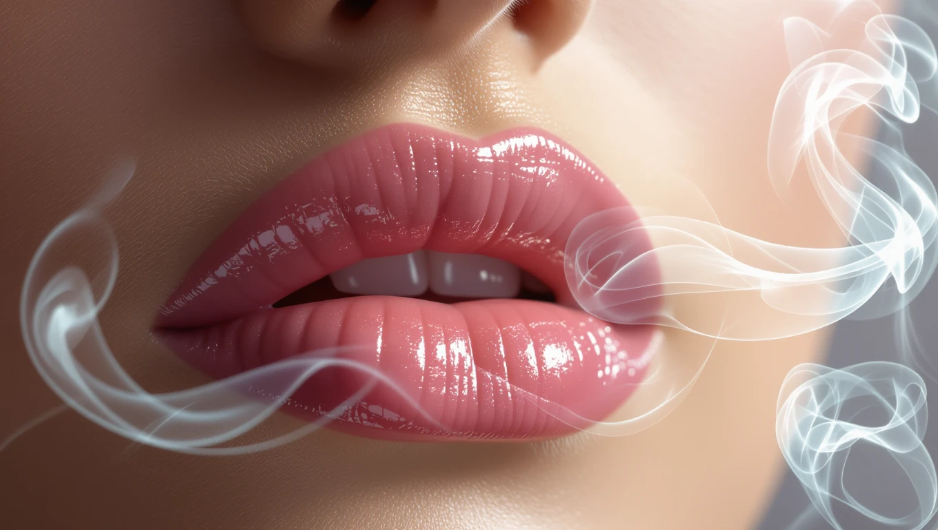 Mit jelent ajakkal álmodni? – Részletes álomfejtés és értelmezés Egy női ajkak közelről, fényes és csábító megjelenéssel, füsttel körülvéve.