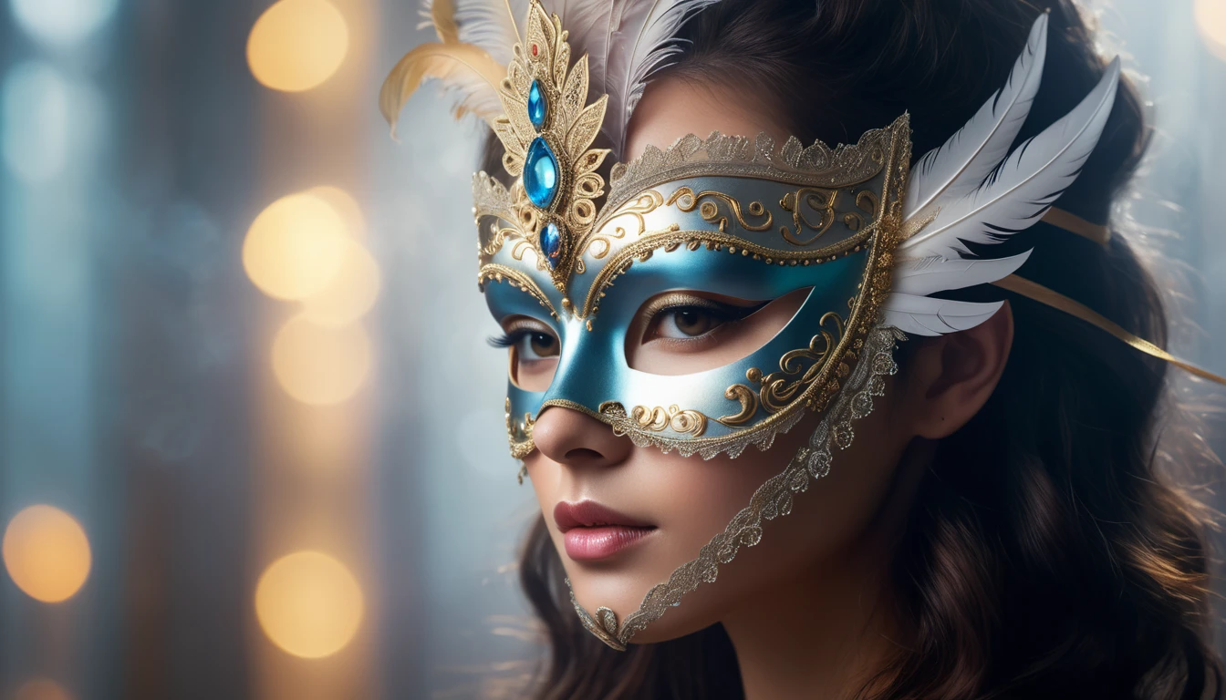 Egy nő, aki díszes álarcot visel, titokzatos és elegáns megjelenéssel.