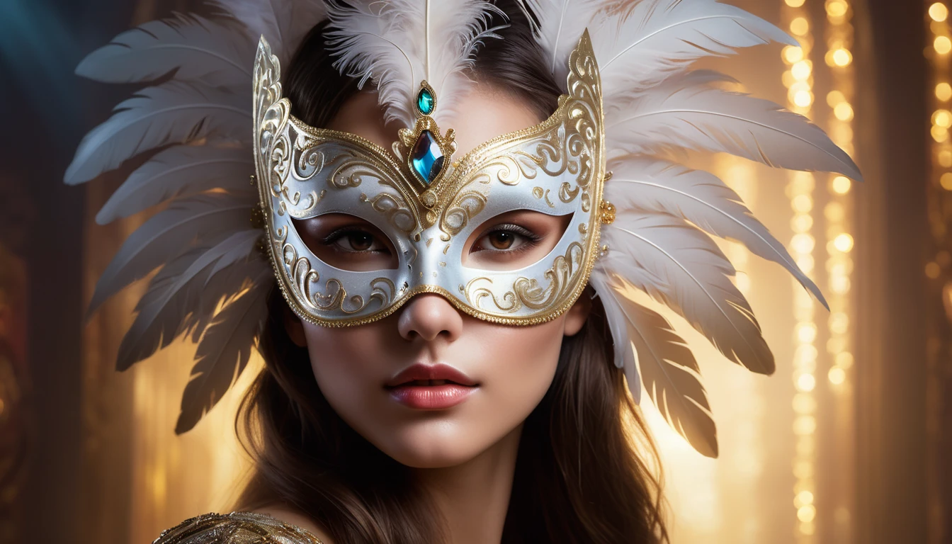 Egy nő arca, álarcot viselve, díszes tollakkal és gyönyörű mintákkal.