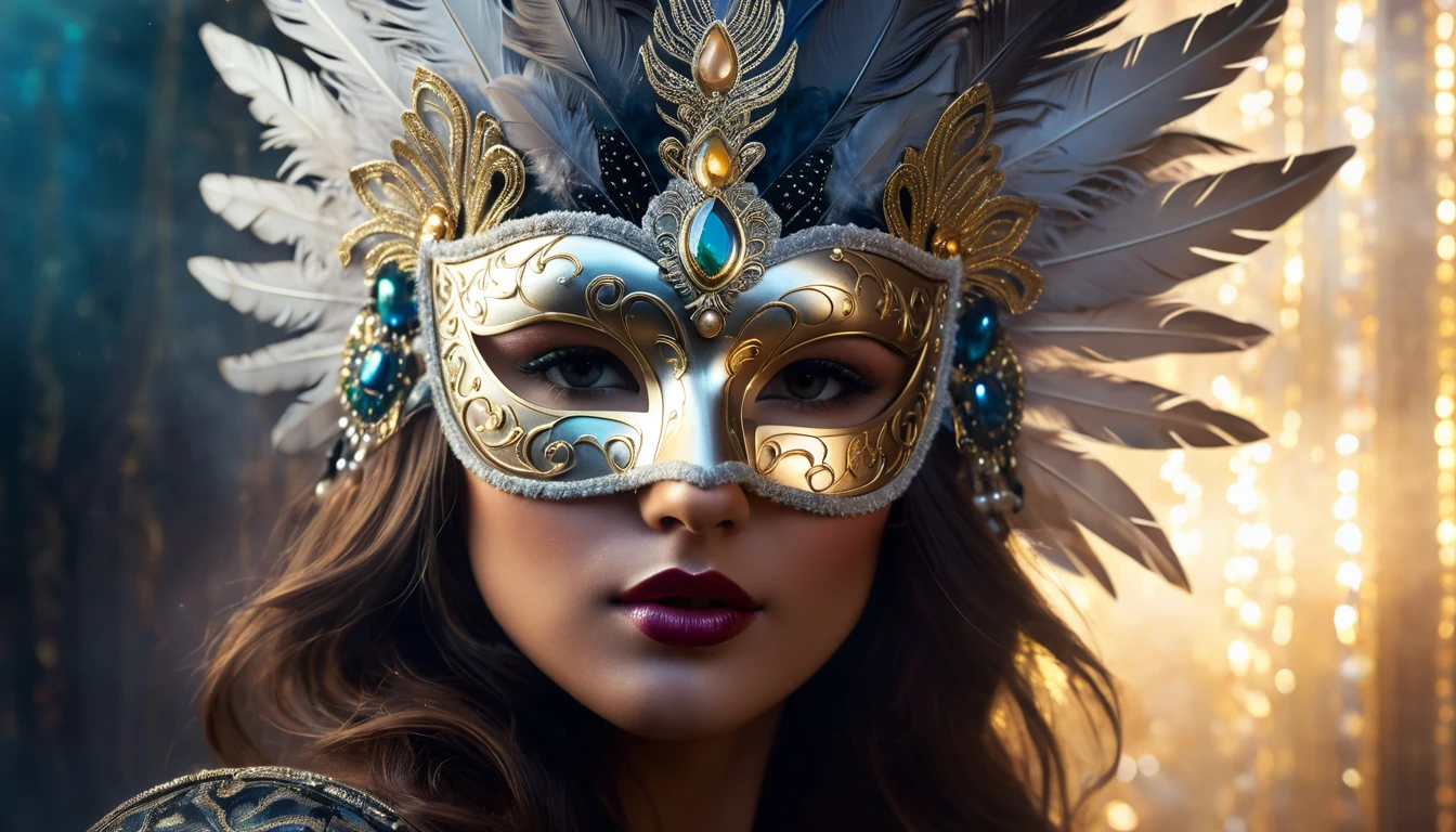 Egy nő arca, díszes álarcot viselve, titokzatos kifejezéssel.