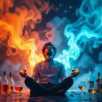 Egy férfi meditál, kezében italokkal, körülötte színes füst és üvegek.