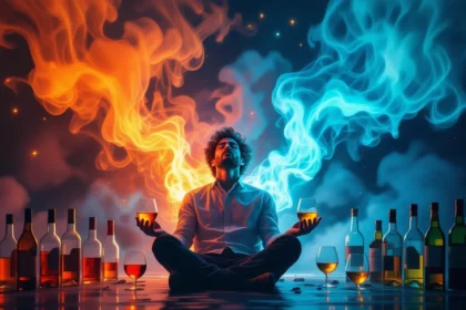 Egy férfi meditál, kezében italokkal, körülötte színes füst és üvegek.