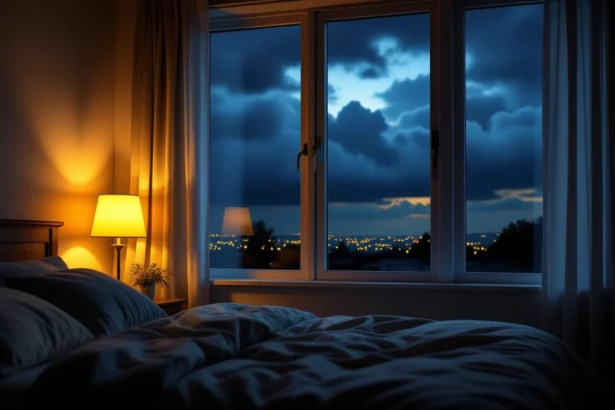 Sötét szoba, ablakon át látható városi fények és felhők.