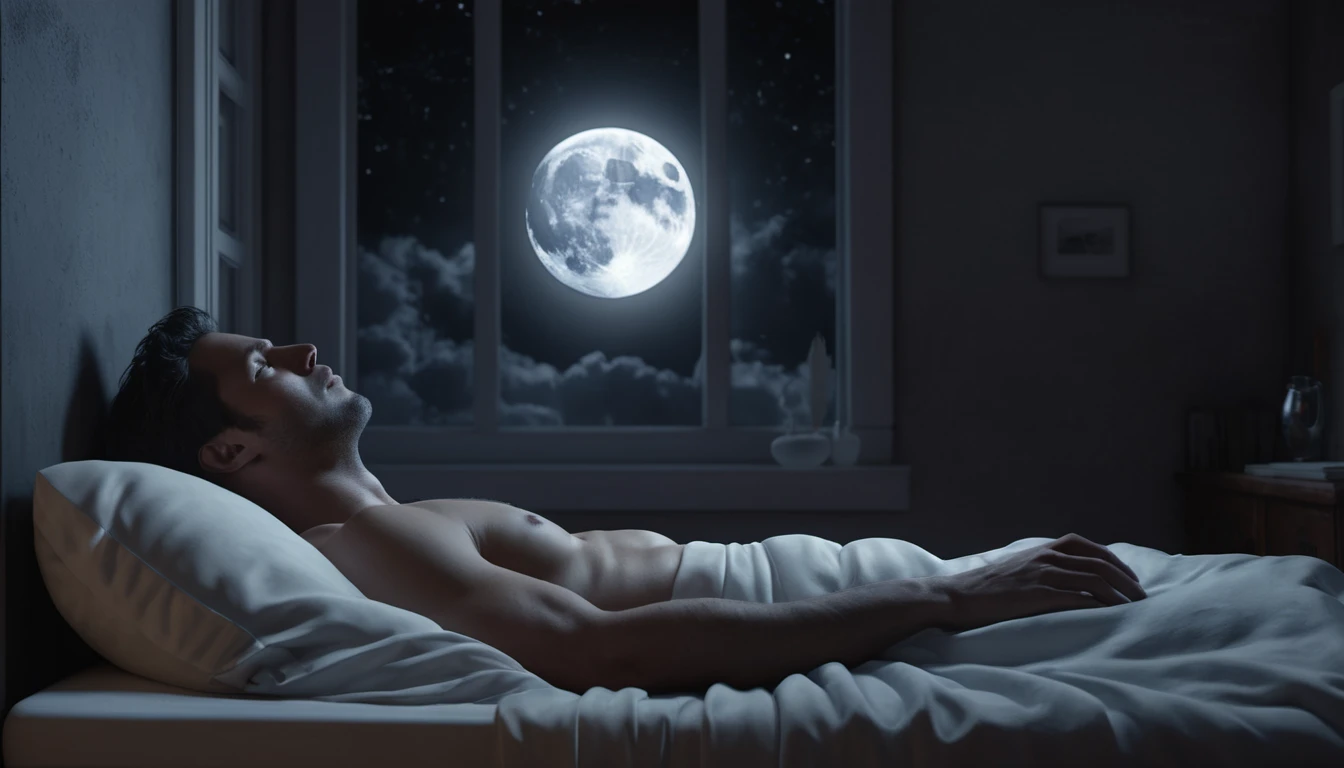 Mit jelent nyögéssel álmodni? - Online álomfejtés és értelmezés Egy férfi alszik az ágyában, a hold fénye világít a szobában.